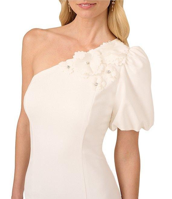 Adrianna Papell Crepe One Shoulder Puff Sleeve Rosette Front Slit Sheath Dress Product Image