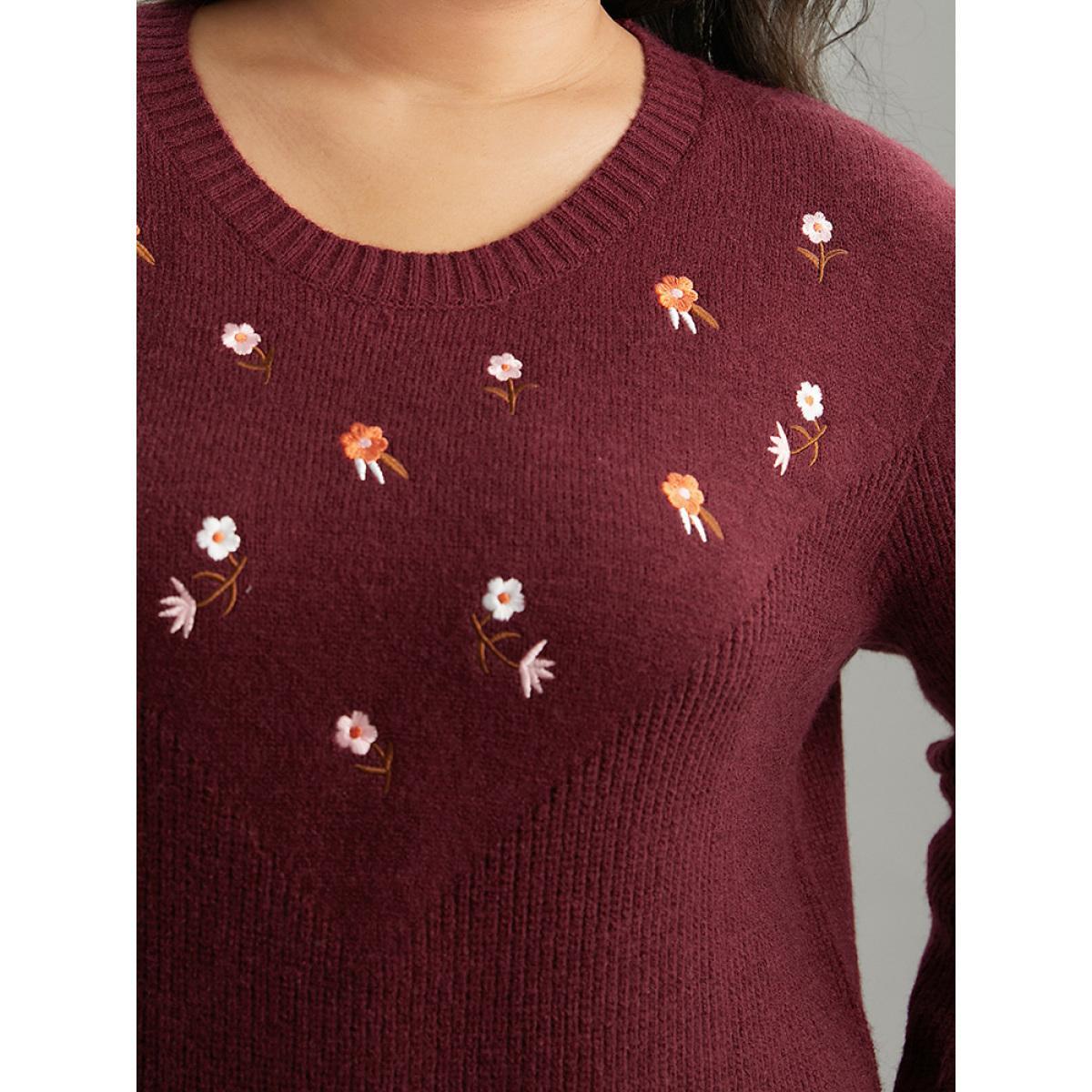 Plus Size Floral Embroidered Loose Elastic Cuffs Pullover Burgundy Women Casual Loose Long Sleeve Round Neck Dailywear Pullovers BloomChic 14-16/1X Product Image