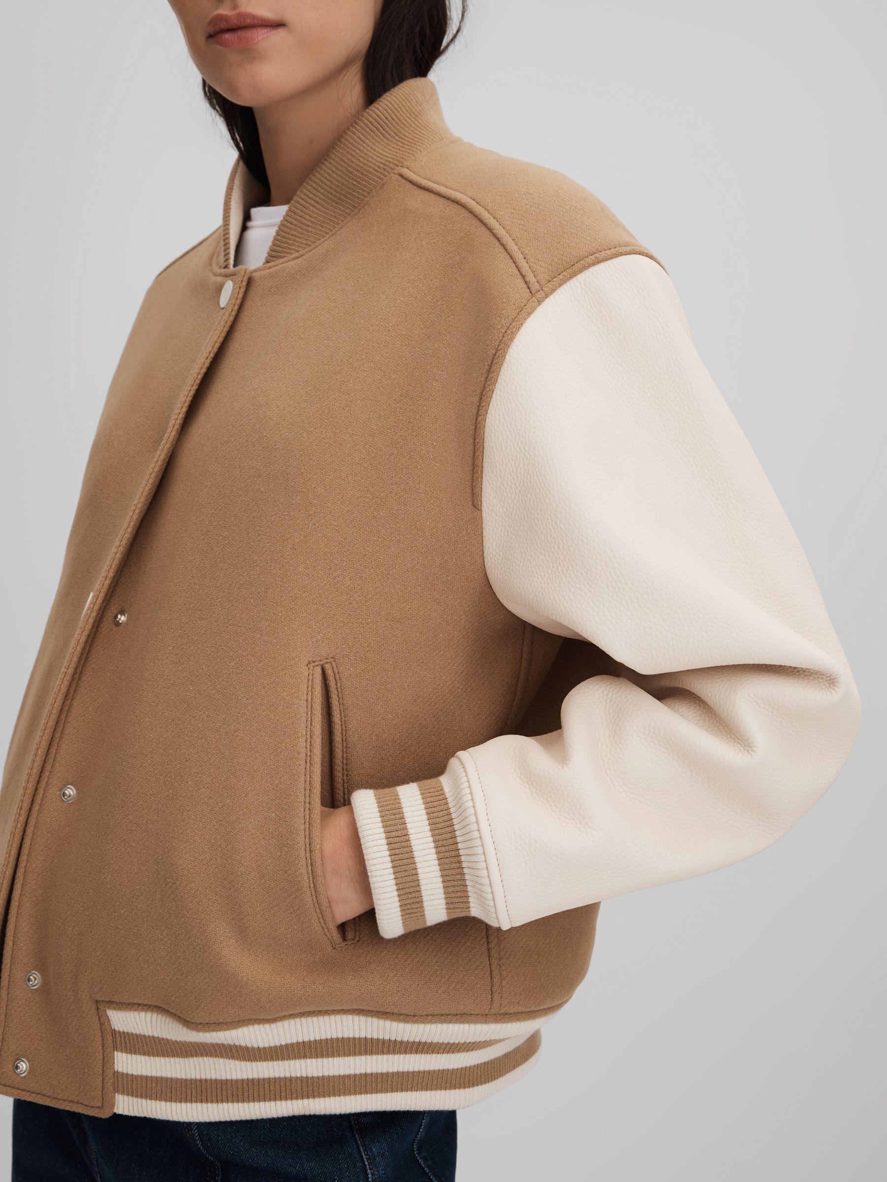 Premium Wool Blend Bomber Jacket in Camel/Cream Product Image