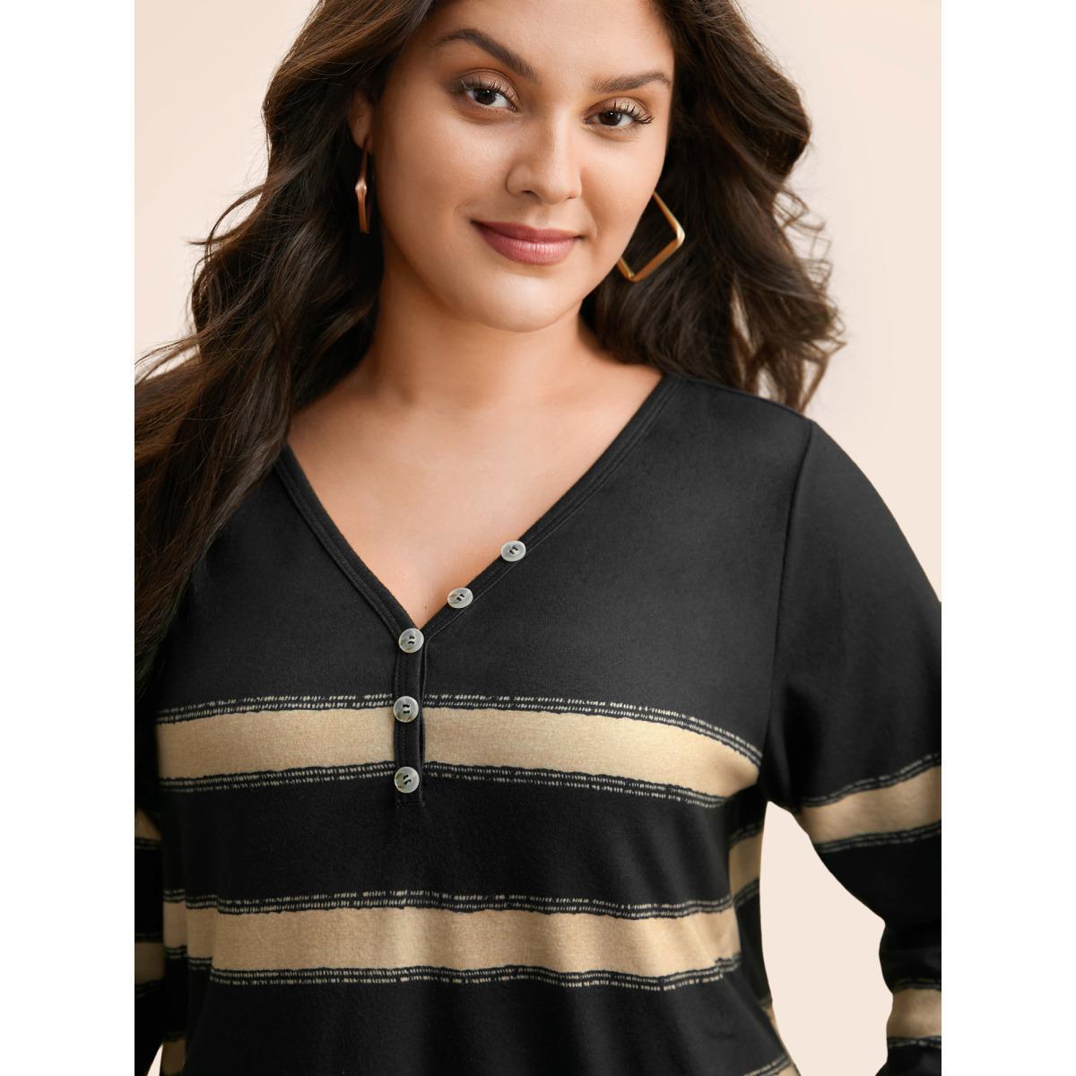 Plus Size Contrast Striped Button Detail T-shirt Black Women Casual Button V-neck Everyday T-shirts BloomChic 28/5X Product Image