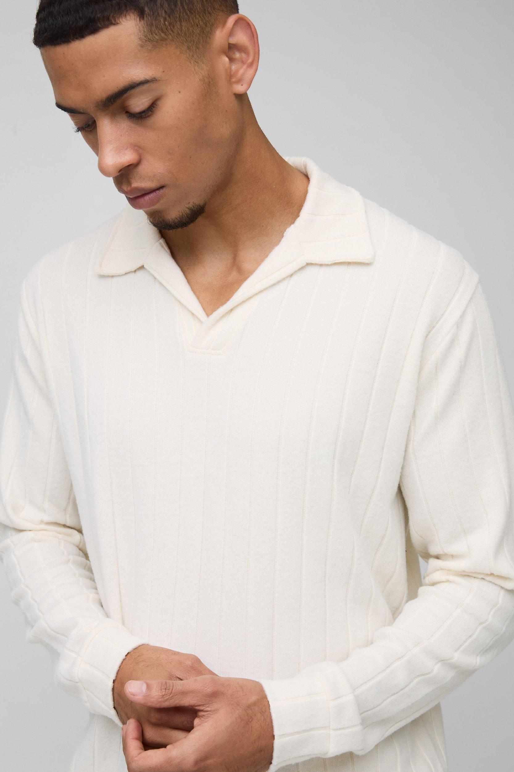 Regular Fit Brushed Wide Rib Revere Long Sleeve Polo | boohooMAN USA Product Image