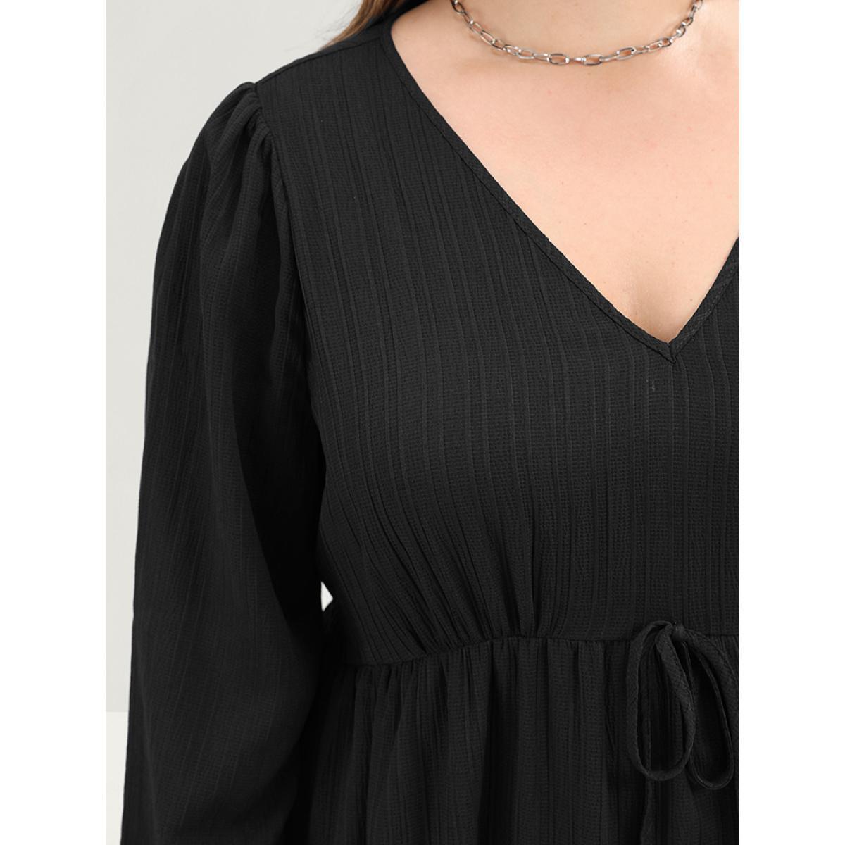 Plus Size Solid Lantern Sleeve Pocket Textured Ties Up Flutter Dress Black Women Office V-neck Long Sleeve Curvy Midi Dress BloomChic 18-20/2X Product Image