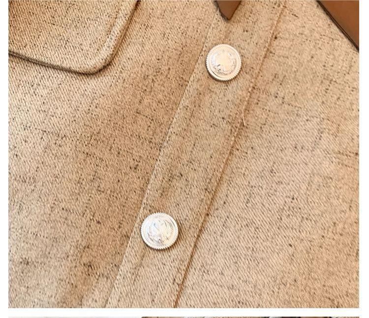 Plus Size Long-Sleeve V-Neck Contrast Trim Pleated Tie Front Mini A-Line Dress Product Image