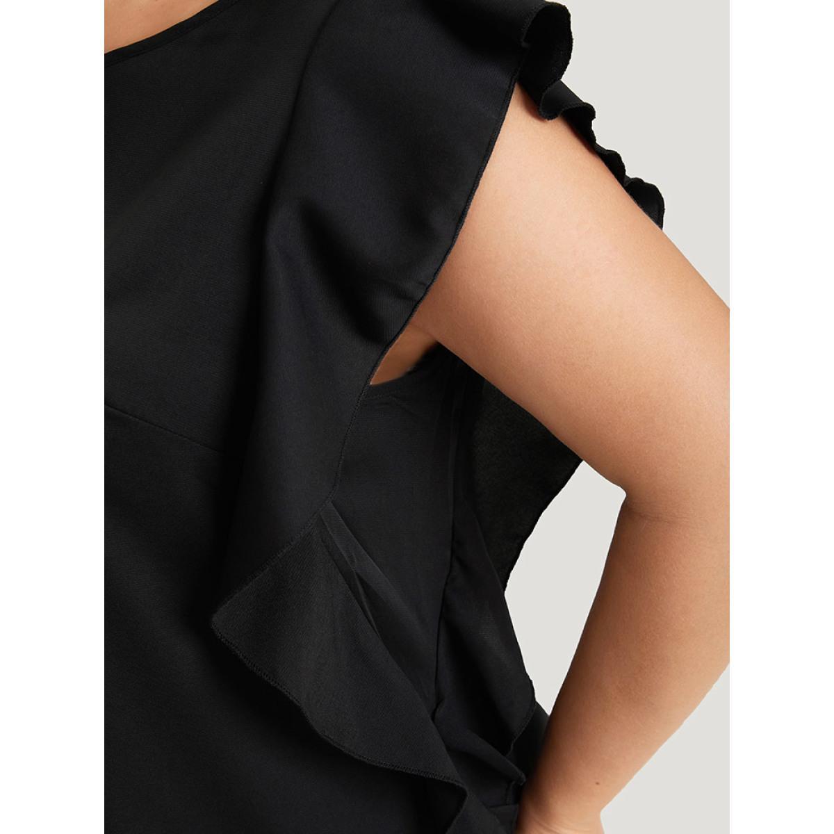 Plus Size Black Solid Crew Neck Ruffle Trim Blouse Women Office Cap Sleeve Round Neck Work Blouses BloomChic 30/6X Product Image