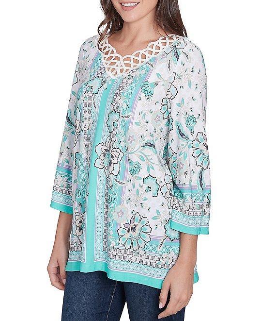 Ruby Rd. Crepe Knit Printed Lace Trim V-Neck 3/4 Sleeve Top Product Image