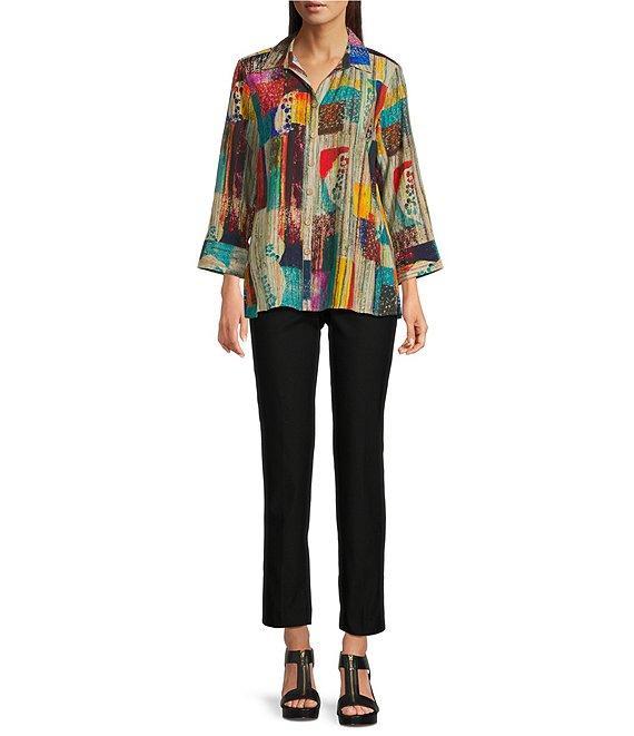 Ali Miles Petite Size Woven Abstract Multi Print Point Collar 3/4 Cuff Sleeve Button Front Tunic Product Image