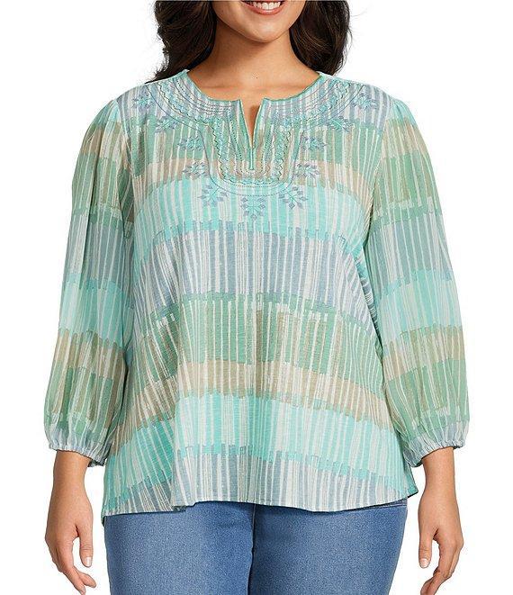 Multiples Plus Size Slub Knit Embroidered Printed Split V-Neck 3/4 Sleeve Top Product Image