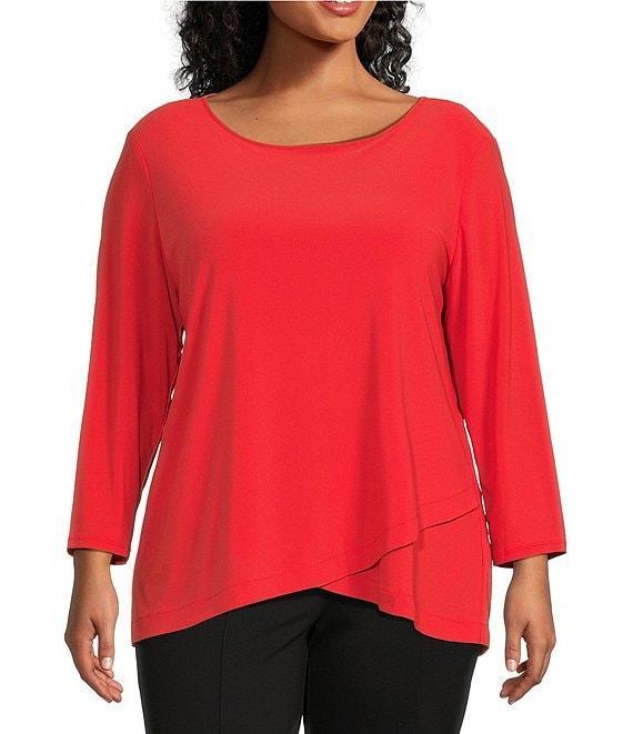 Slim Factor by Investments Plus Size Crew Neckline High-Low Hem Back Button Top Product Image