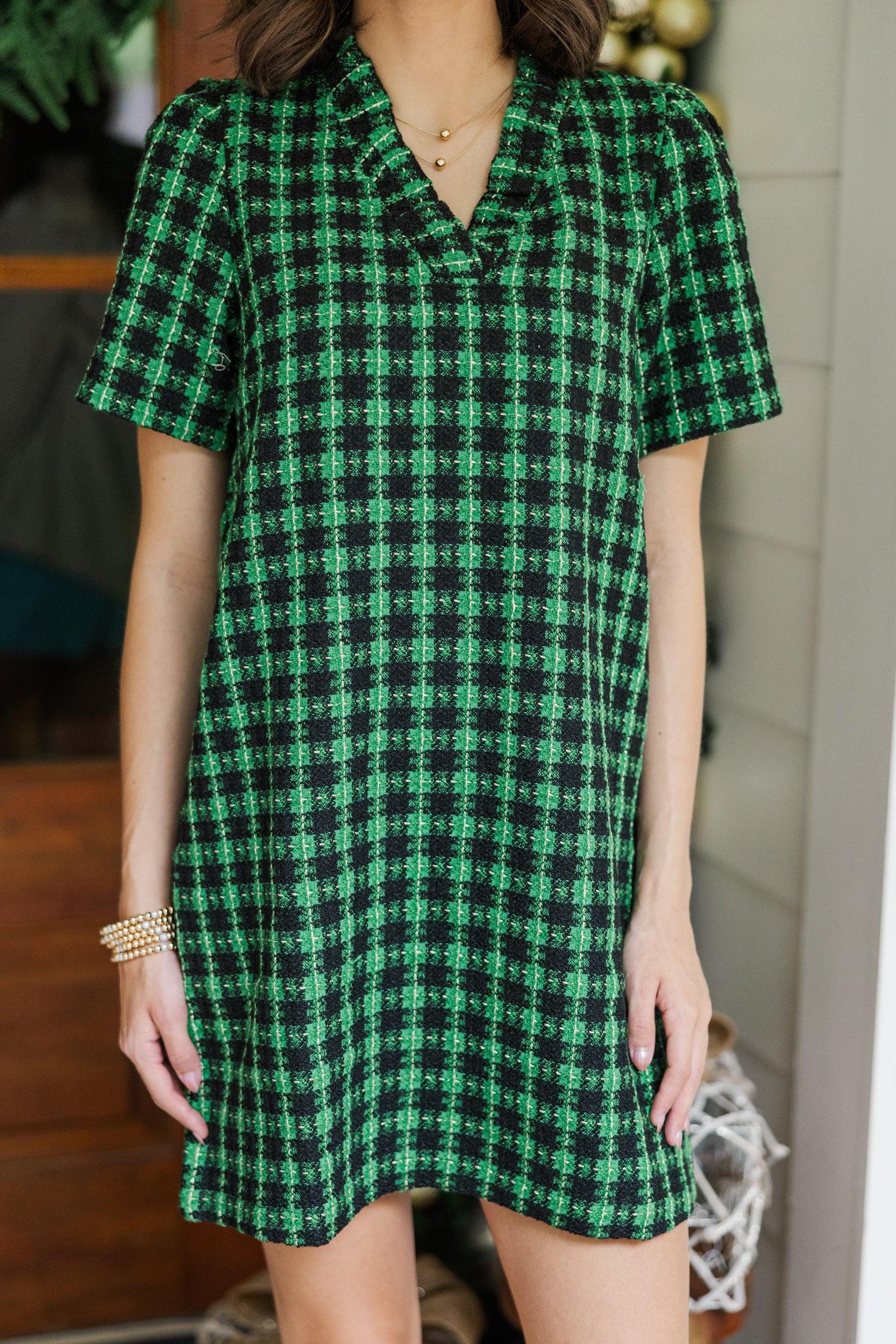 Get What You Need Green & Black Tweed Dress Female Product Image