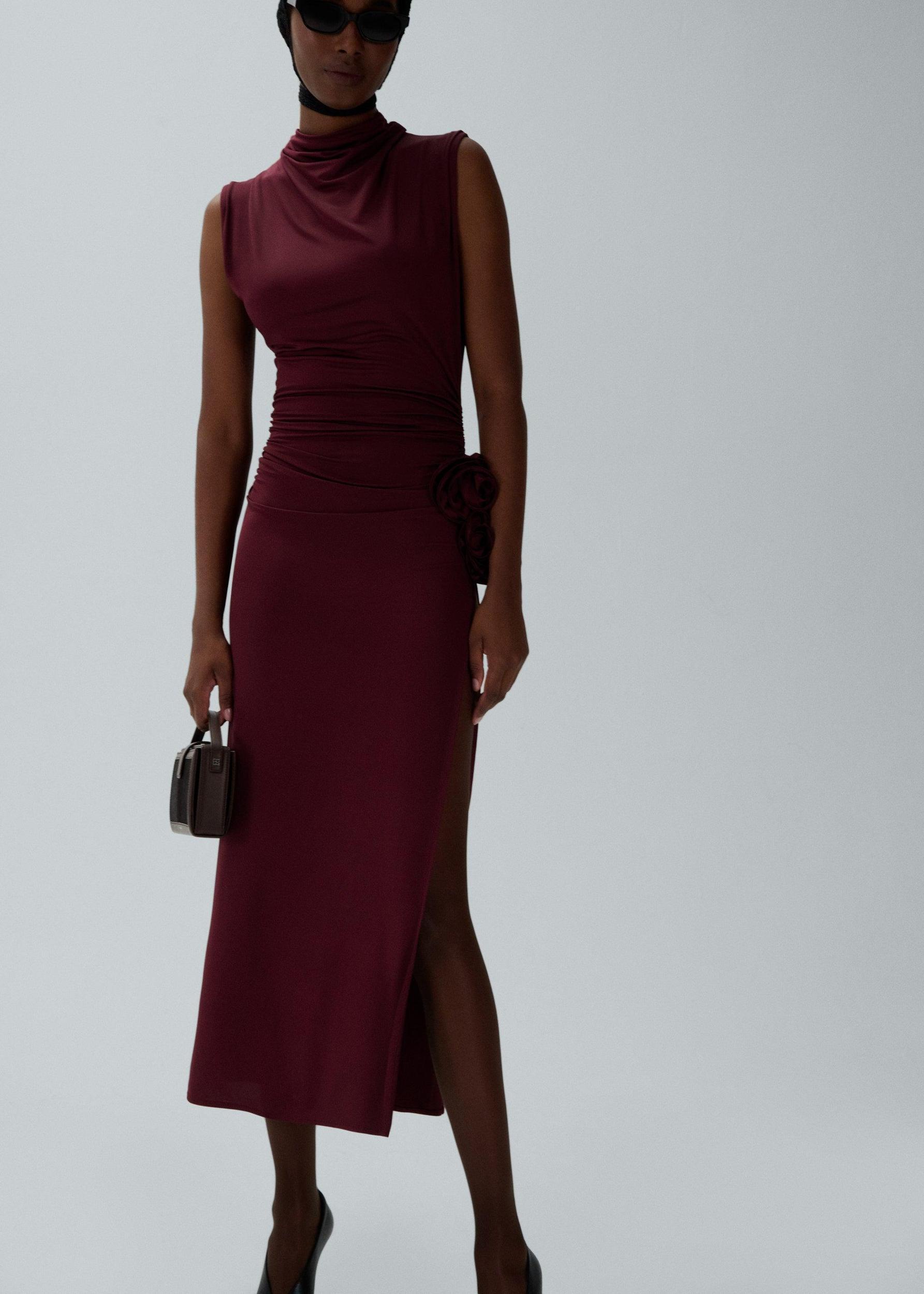 Draped high neck midi dress in burgundy Product Image