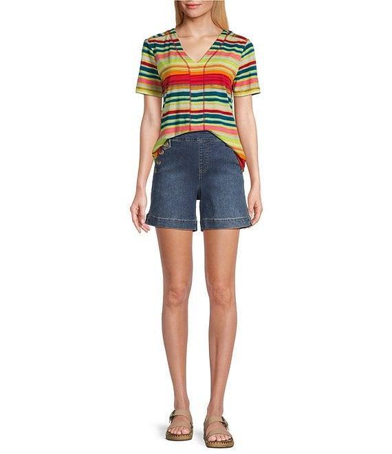 Westbound Petite Size Shimmering Stripe Short Sleeve V-Neck Top Product Image