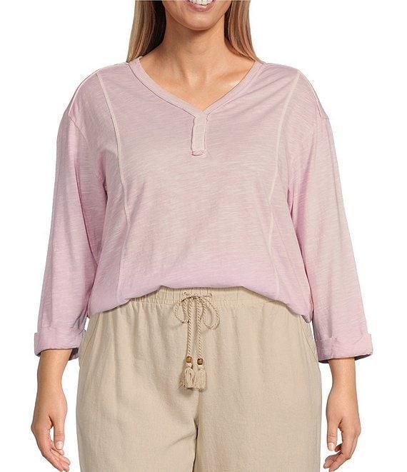 Westbound Plus Size Rolled 3/4 Sleeve Faux Henley Top Product Image