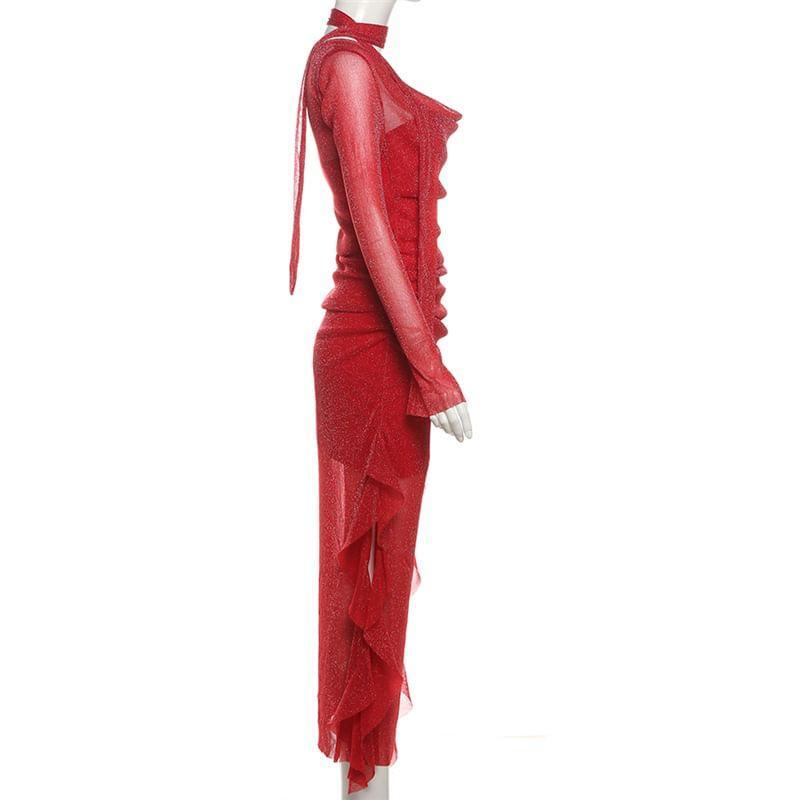 Long Sleeve Cowl Neck Ruffle Trim Glitter Midi Bodycon Dress Product Image