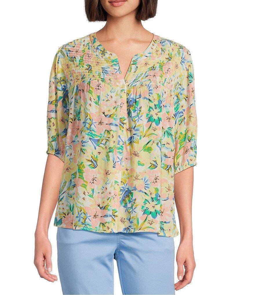Crinkle Gauze Floral Crew Neck Elbow Sleeve Smocked Detail Button-Front Blouse Product Image