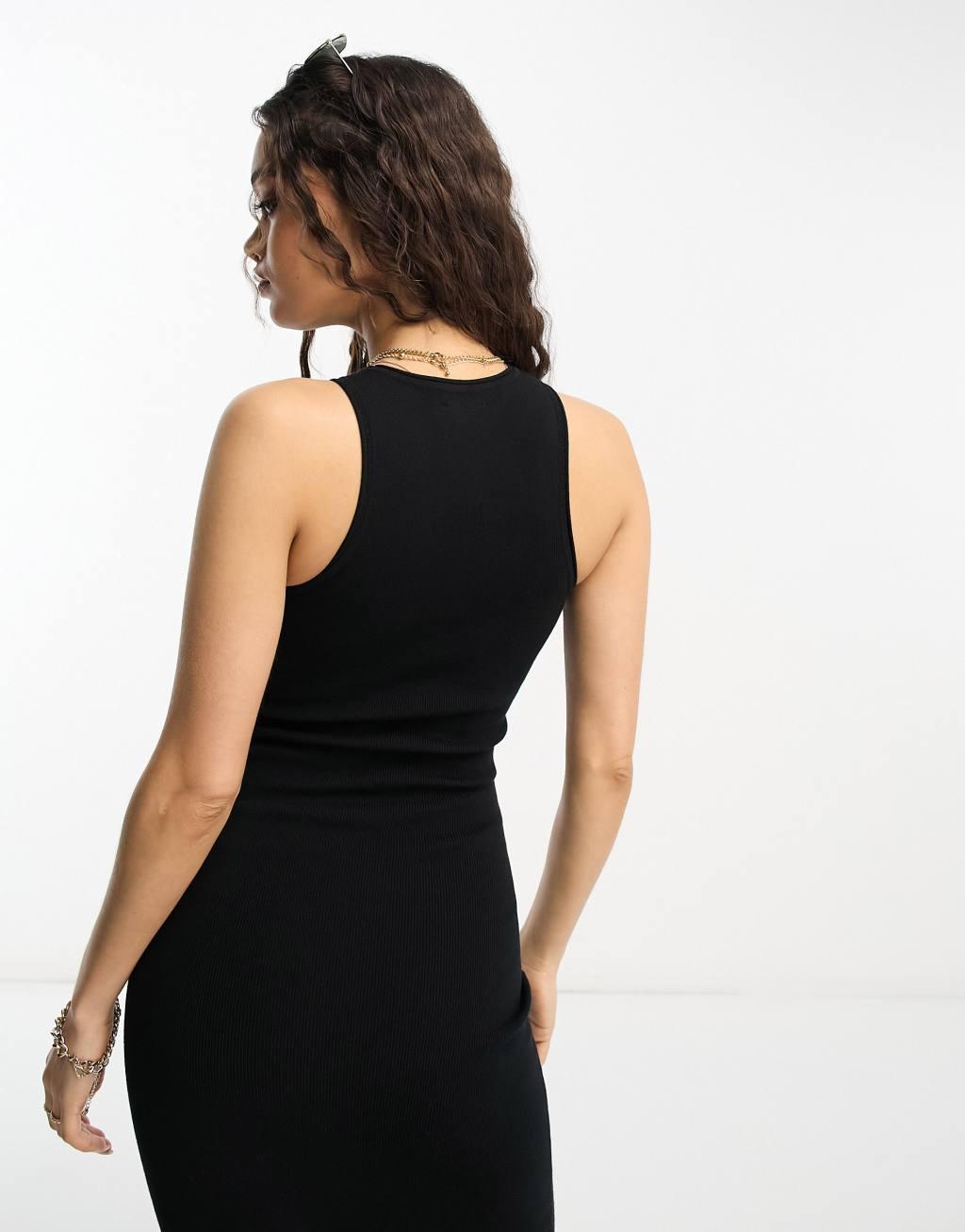 ASOS DESIGN Petite knitted racer midi dress in black Product Image