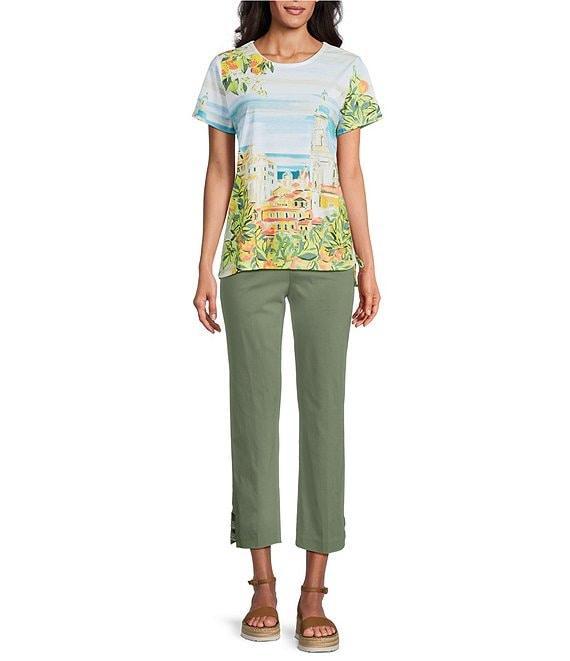 Allison Daley Tuscan Village Print Short Sleeve Side Ruched Knit Top Product Image