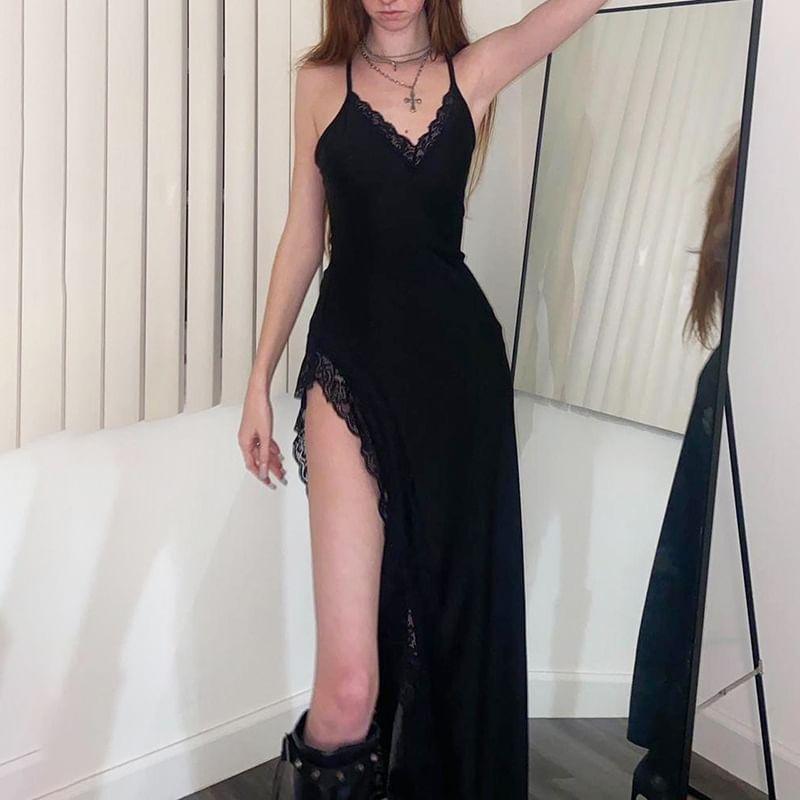 Spaghetti Strap V-Neck Lace-Trim Plain Open-Back Slit Midi Bodycon Dress Product Image