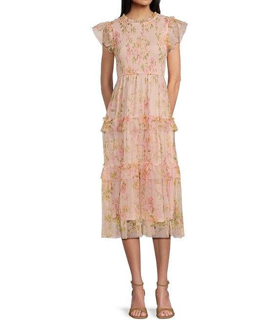 Blu Pepper Floral Print Mesh Round Neck Short Sleeve Smocked Midi Dress Product Image