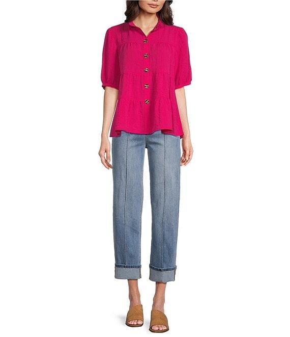 John Mark Wire Collar Short Sleeve Tiered Button-Front Top Product Image