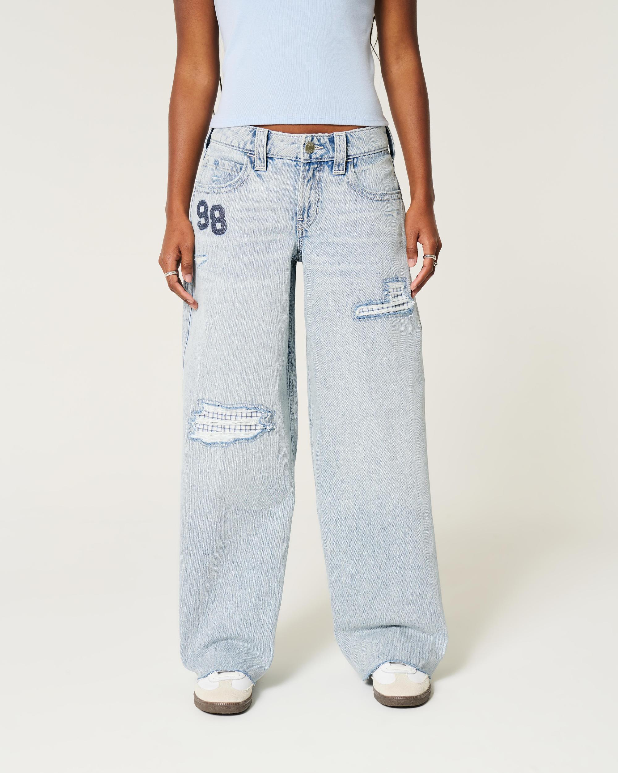 Low-Rise Light Wash Patchwork Super Baggy Jeans Product Image