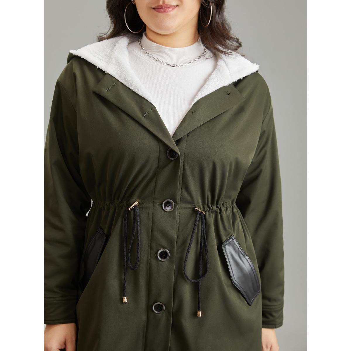 Plus Size Patchwork Fuzzy PU Leather Drawstring Coat Women ArmyGreen Casual Contrast Ladies Dailywear Winter Coats BloomChic 14-16/1X Product Image