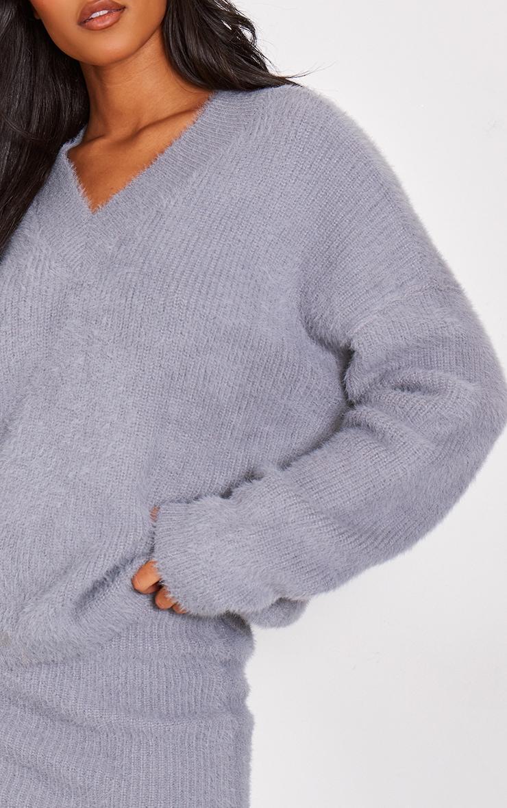 Tall Grey Marl Fluffy Knitted V Neck Sweater Product Image
