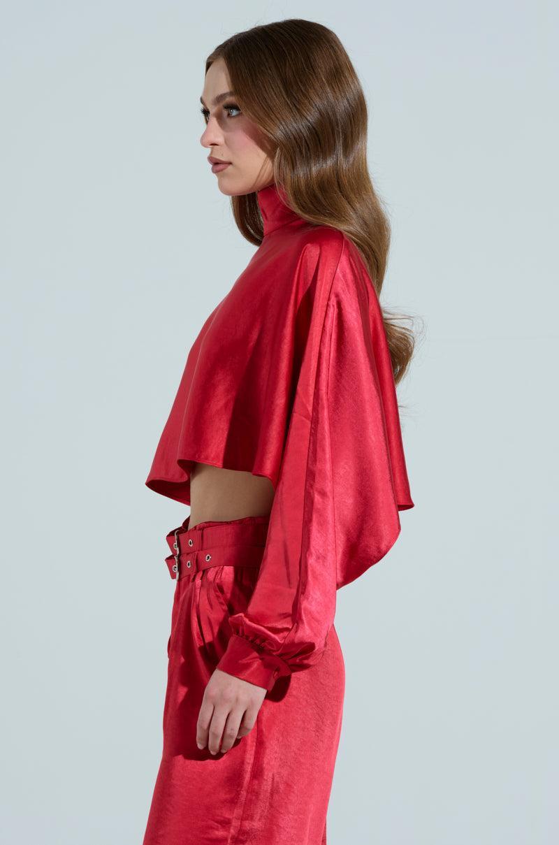FEELIN' THE LOVE SATIN MOCK NECK BLOUSE IN RED Product Image