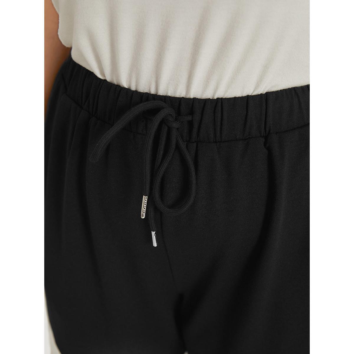 Striped Contrast Drawstring Pocket Elastic Waist Sweatpants Black Plus Size Women Casual Dailywear Contrast 30/6X Bloomchic Product Image