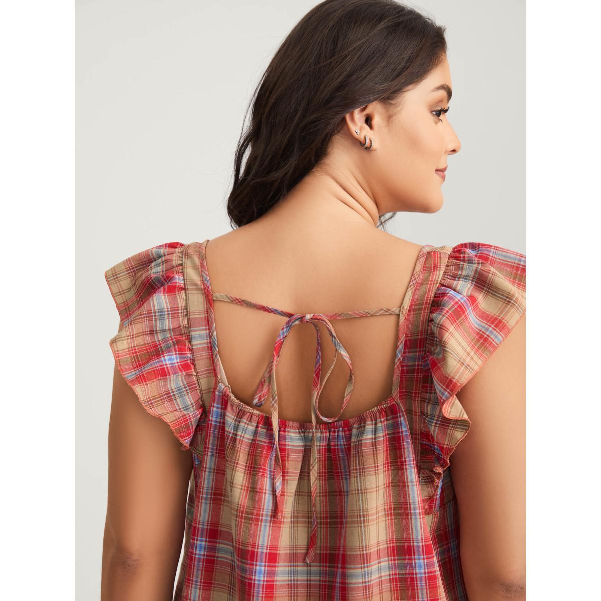 Plus Size Raspberry Plaid Print Flutter Sleeve Pleated Blouse Women Cap Sleeve Square Neck Everyday-Casual Blouses BloomChic 30/6X Product Image