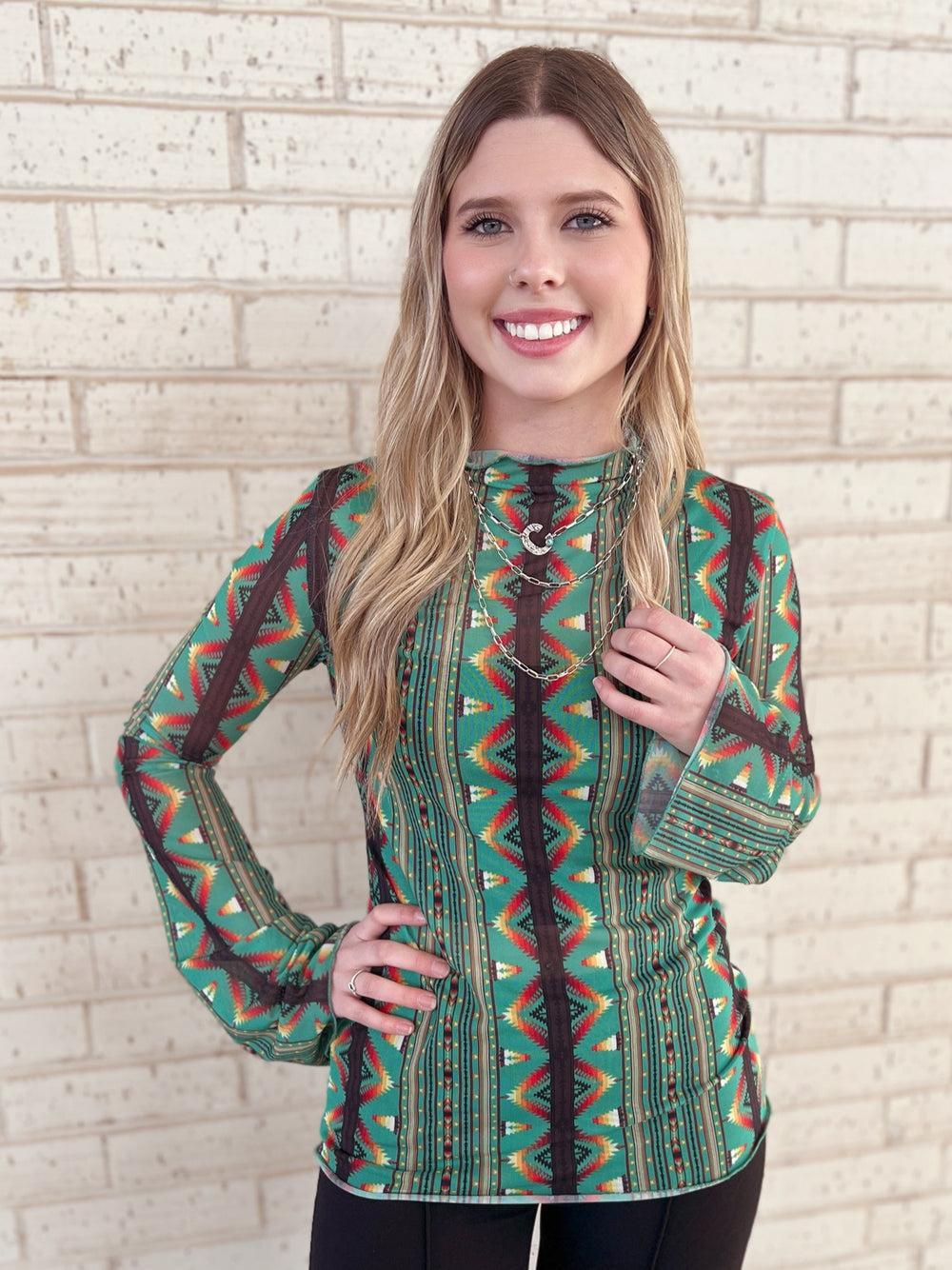 Green Southwestern Aztec Bell Sleeve Mesh Top Product Image