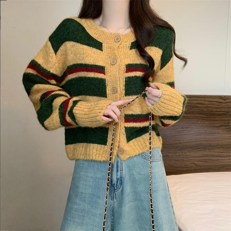 Crewneck Striped Button-Up Cardigan Product Image