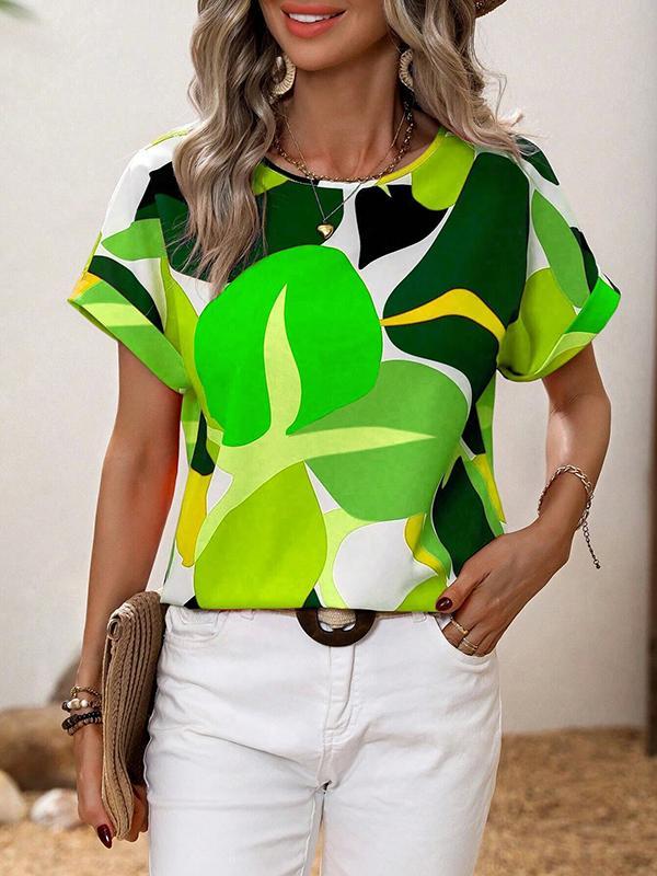 Loose Short Sleeves Contrast Color Hollow Printed Split-Joint Round-neck T-Shirts Tops Product Image