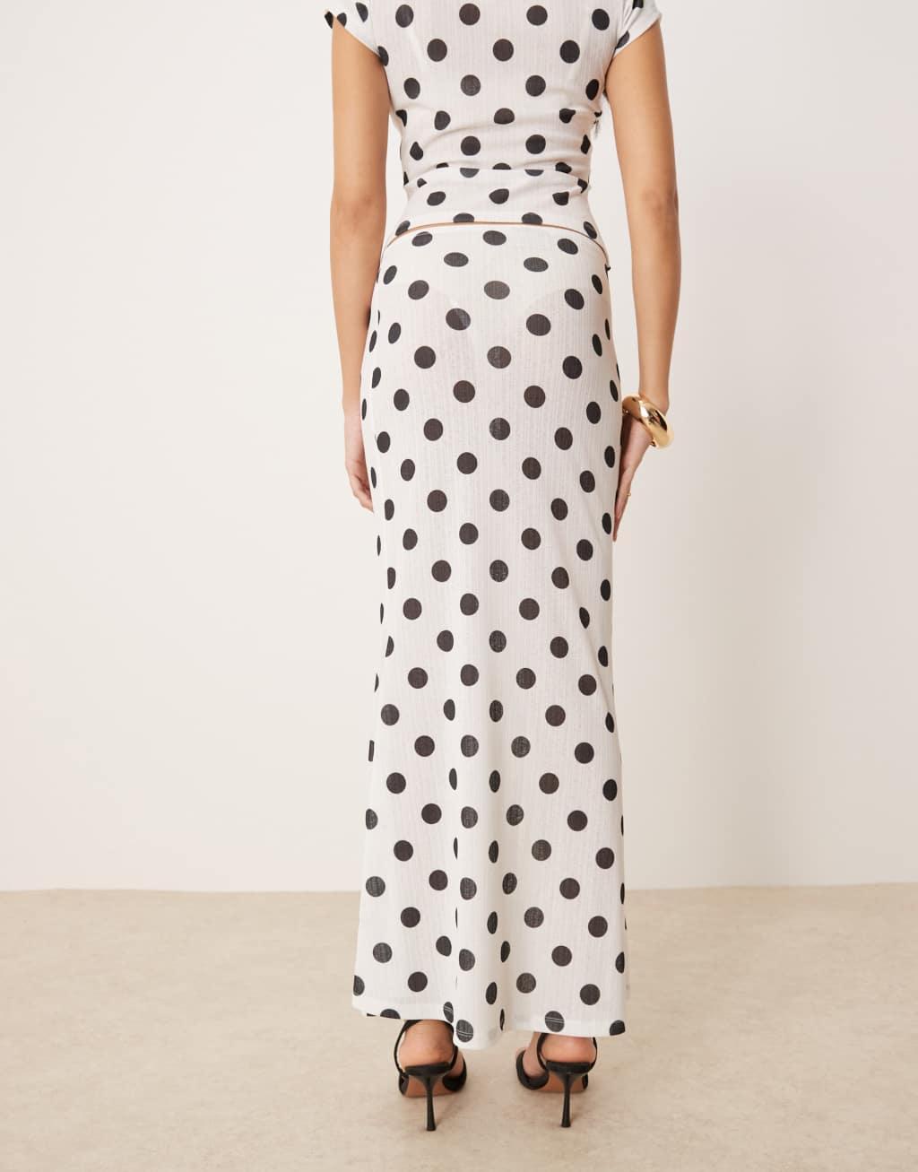 ASOS DESIGN polka dot printed dry handle rib maxi low rise skirt in ecru Product Image