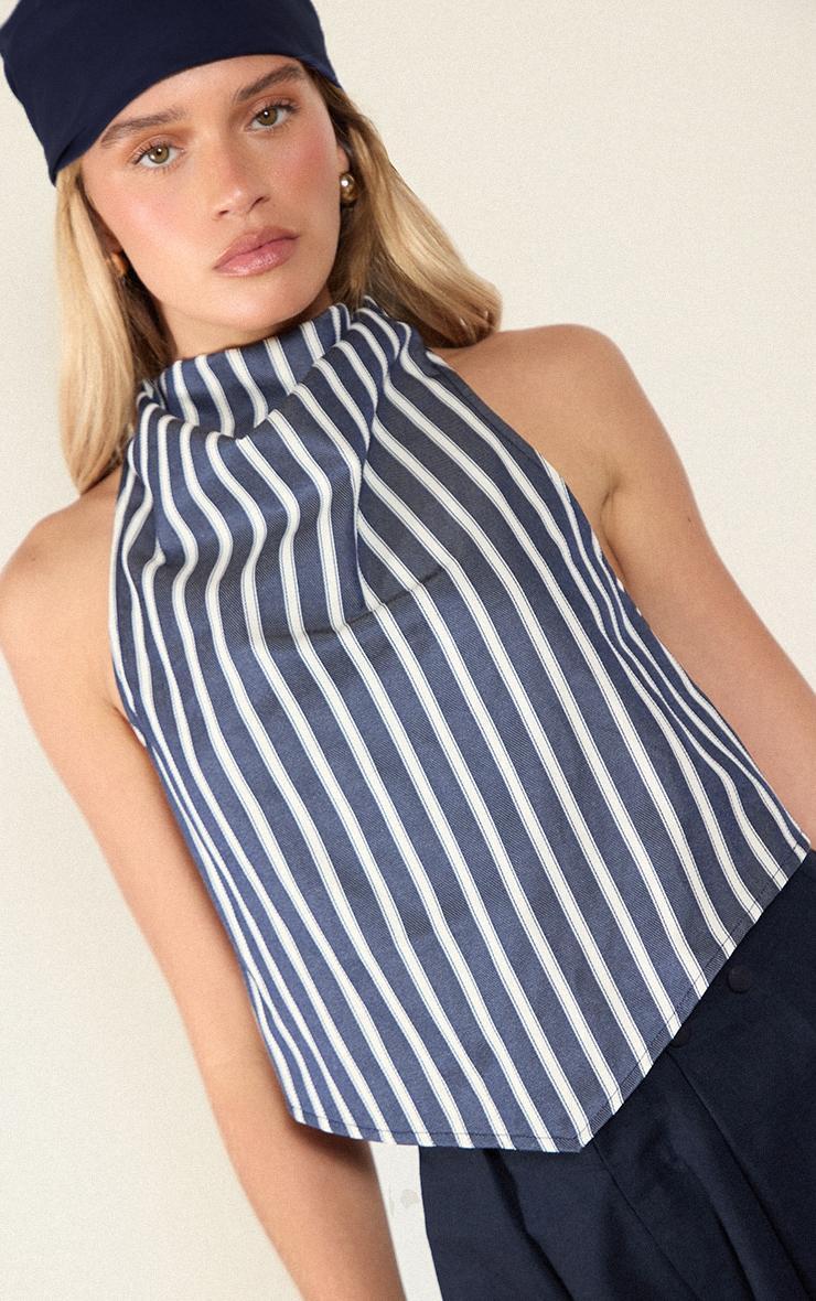 Indigo Blue Cotton Look Striped Halterneck Top Product Image
