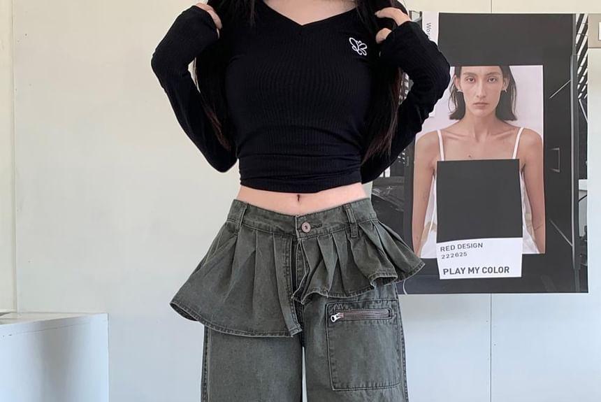 High Rise Ruffle Asymmetrical Wide Leg Jeans Product Image