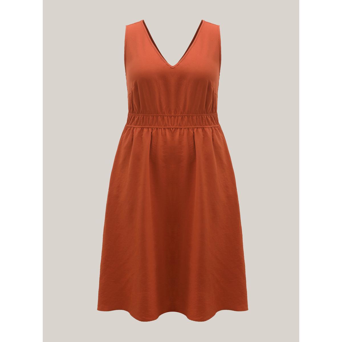 Plus Size Stretchy Waist Solid Pockets Midi Dress Rust Women V-neck Sleeveless Curvy BloomChic 30/6X Product Image