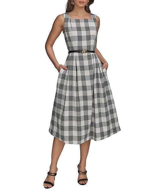 Donna Karan Gingham Tweed Square Neck A-Line Midi Dress Product Image