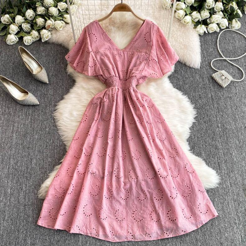 Short-Sleeve V-Neck Flower Embroidered Midi A-Line Dress Product Image