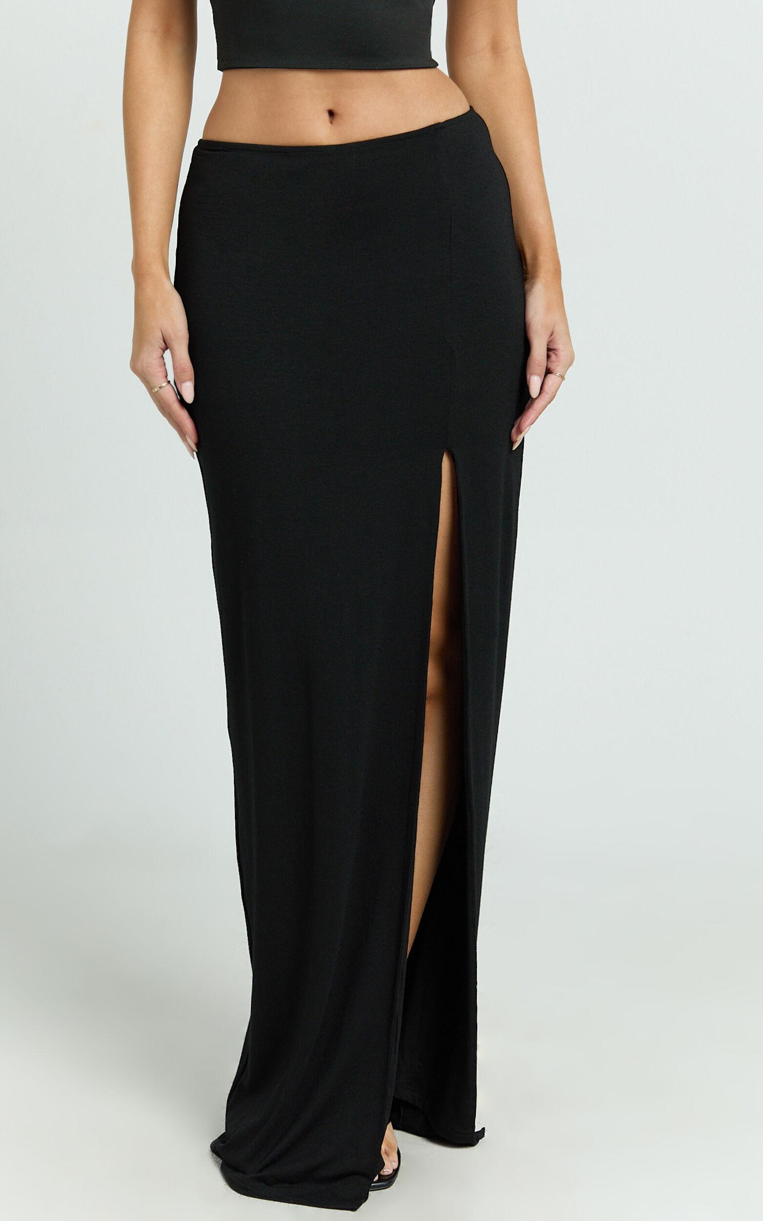 Jaileen Maxi Skirt - Mid Waisted Side Split Skirt in Black Product Image