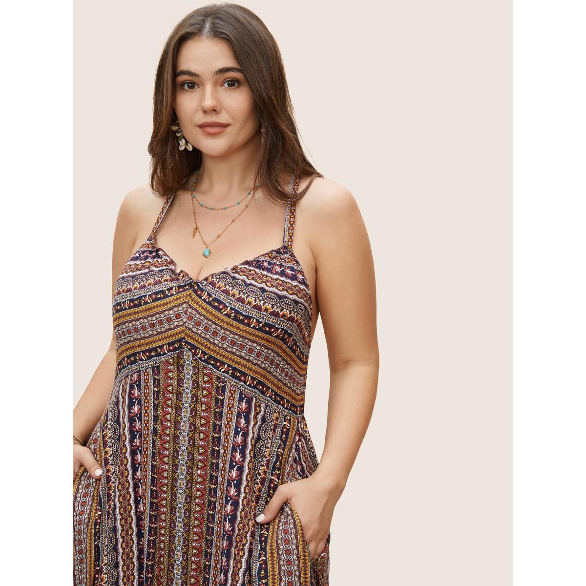 Plus Size Boho Print Elastic Waist Split Hem Cami Dress Navy Women Resort Non V-neck Sleeveless Curvy BloomChic 26/4X Product Image