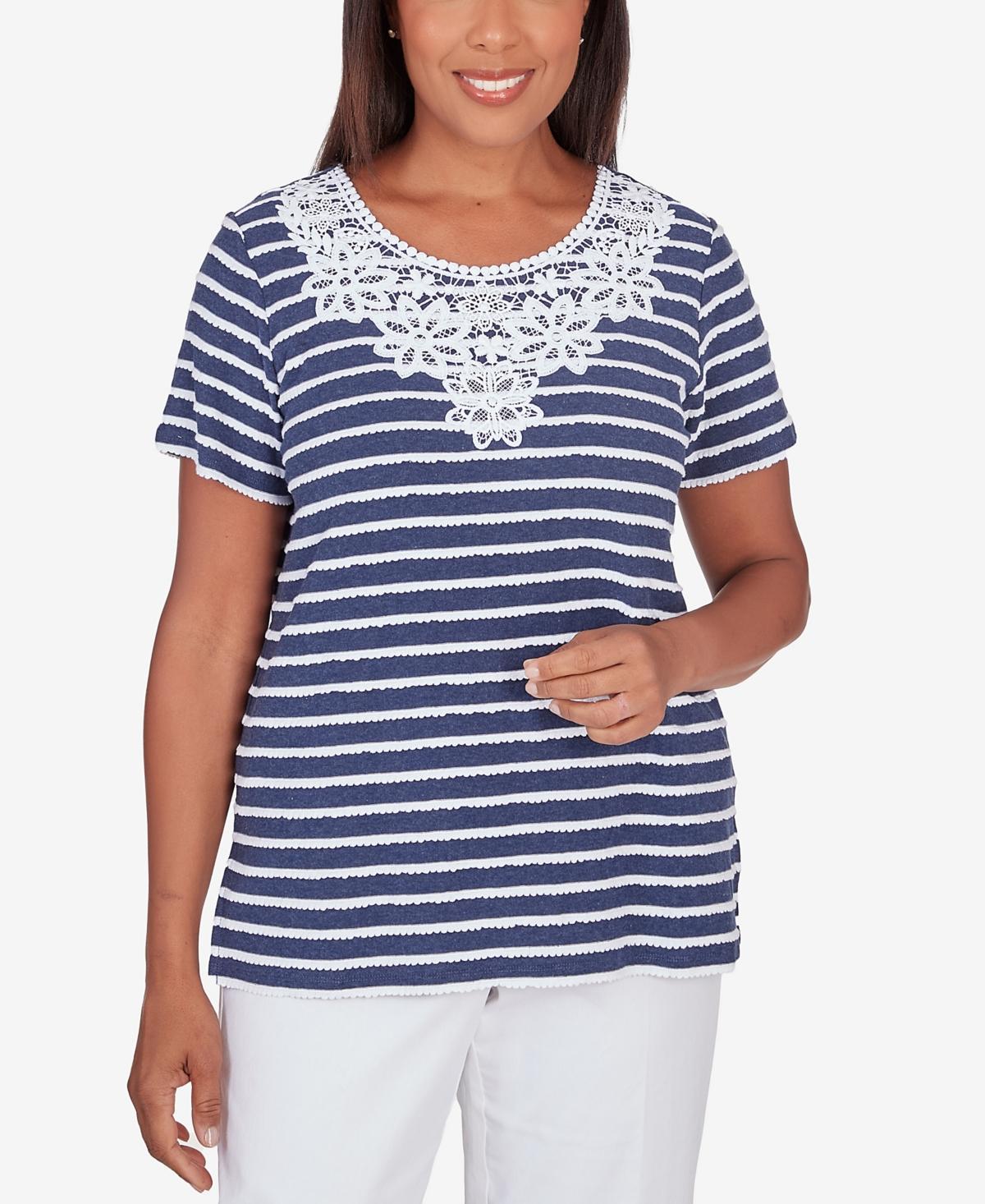 Womens Alfred Dunner Lace Neck Striped Split Hem Tee Grey Gray Product Image