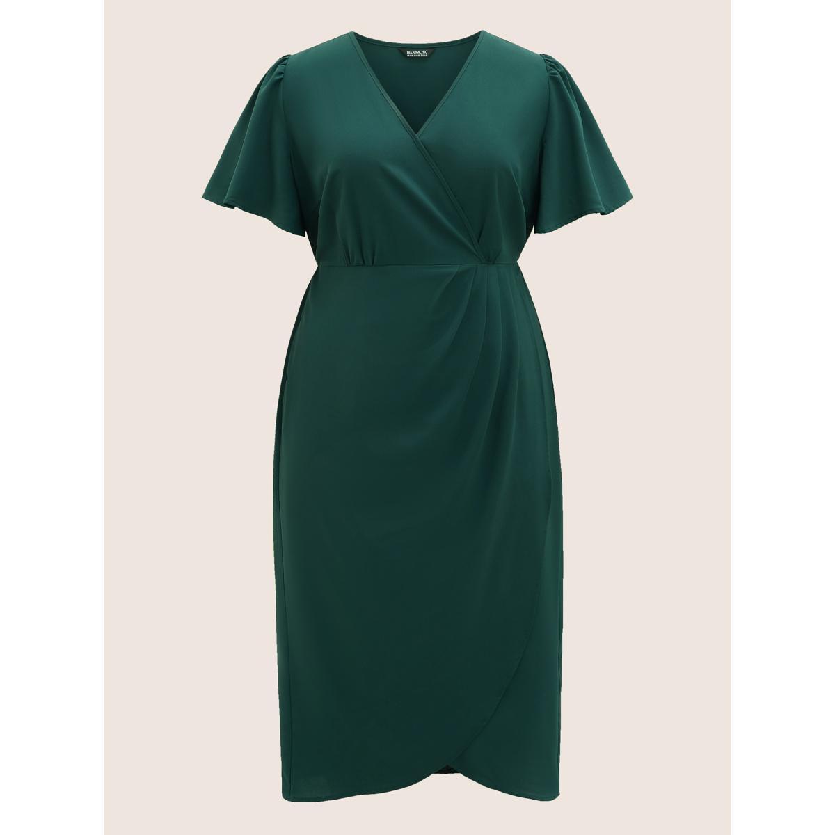 Plus Size Solid Pleated Ruffle Sleeve Wrap Hem Dress DarkGreen Women Elegant Gathered Overlap Collar Short sleeve Curvy BloomChic 12/L Product Image