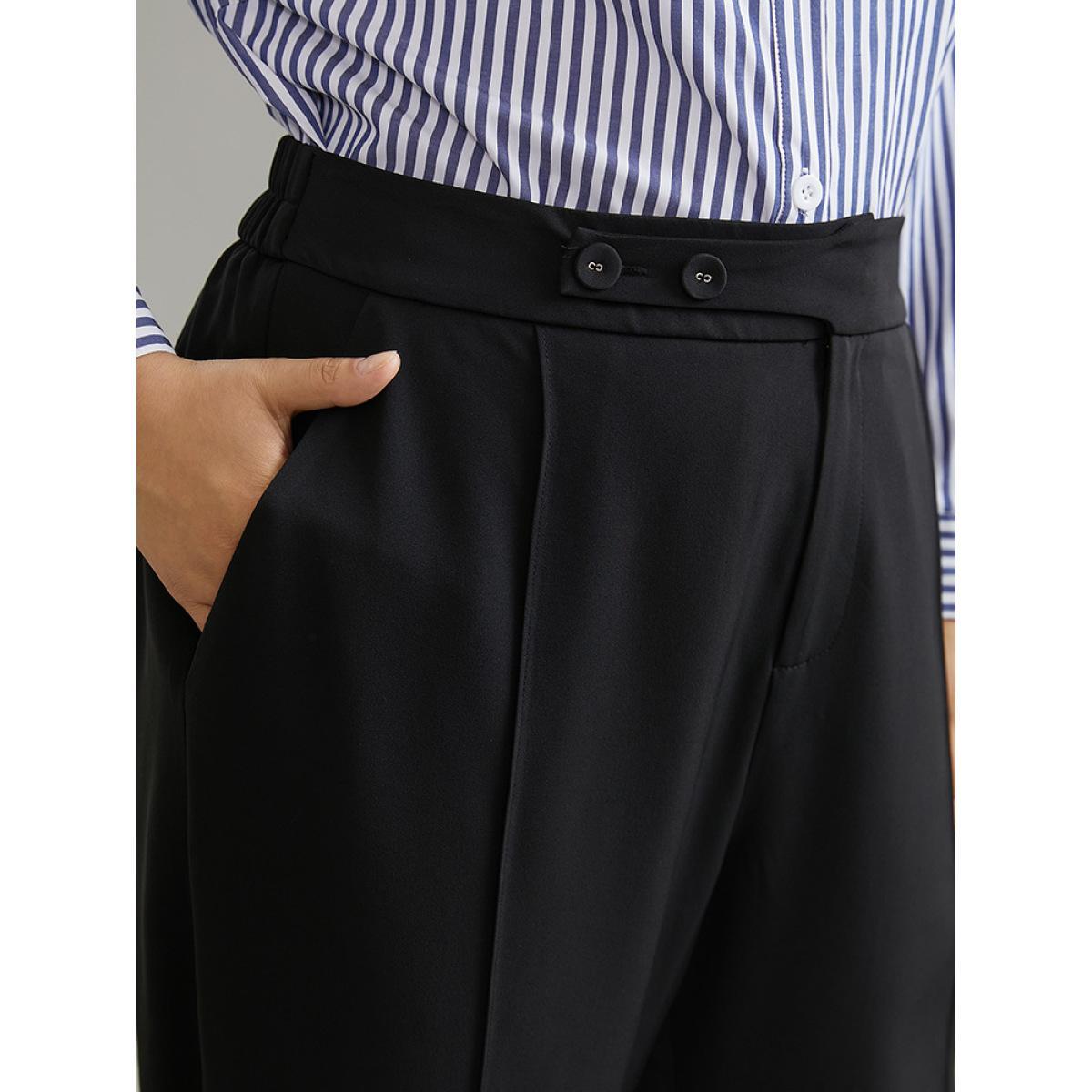 Plus Size Plain Elastic Waist Pleated Button Detail Pants Women Black Office High Rise Work Pants BloomChic 30/6X Product Image