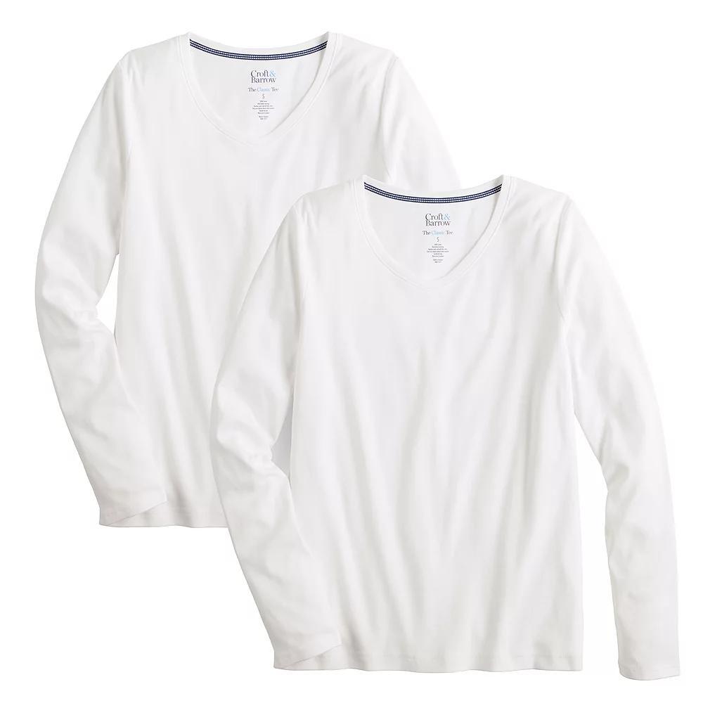 Women's Croft & Barrow® Long Sleeve 2-Pack V-Neck Tees, Size: Large, White White Pack Product Image