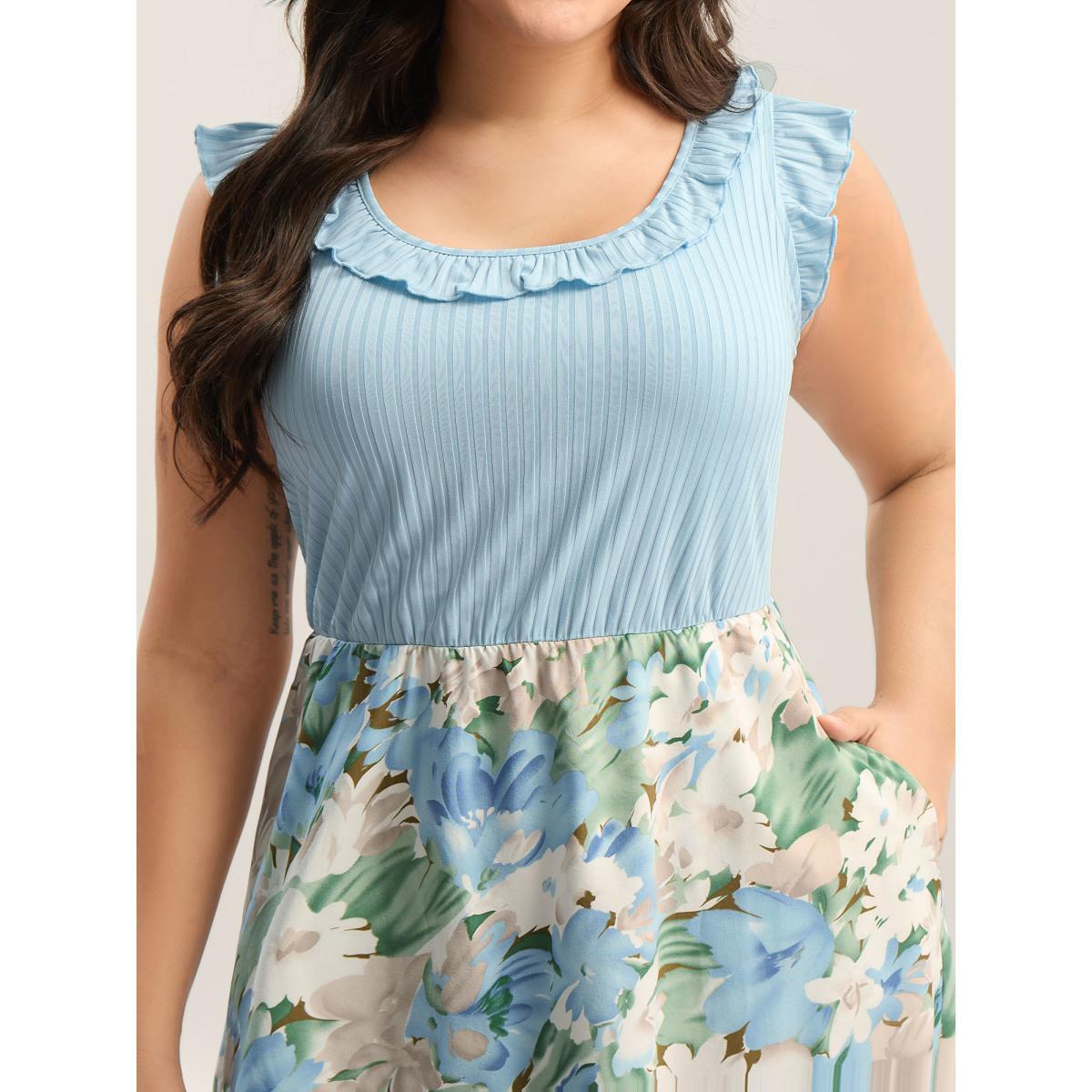 Plus Size Floral Print Ribbed Stretchy Waist Midi Dress LightBlue Women Round Neck Sleeveless Curvy BloomChic 18-20/2X Product Image