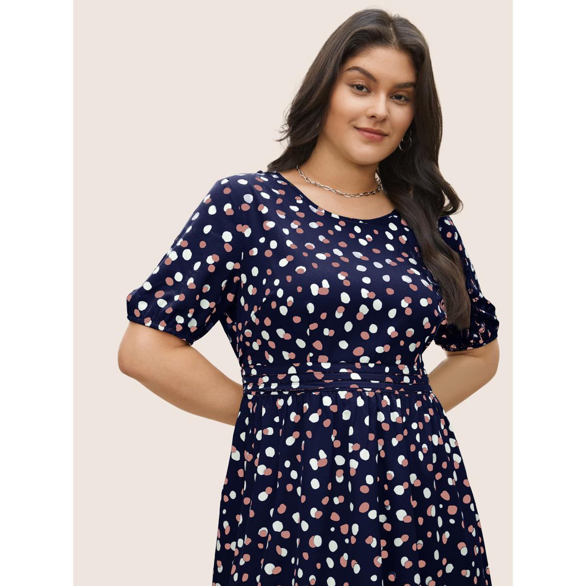 Plus Size Allover Print Pleated Lantern Sleeve Dress Indigo Women Elegant Non Round Neck Short sleeve Curvy Midi Dress BloomChic 18-20/2X Product Image