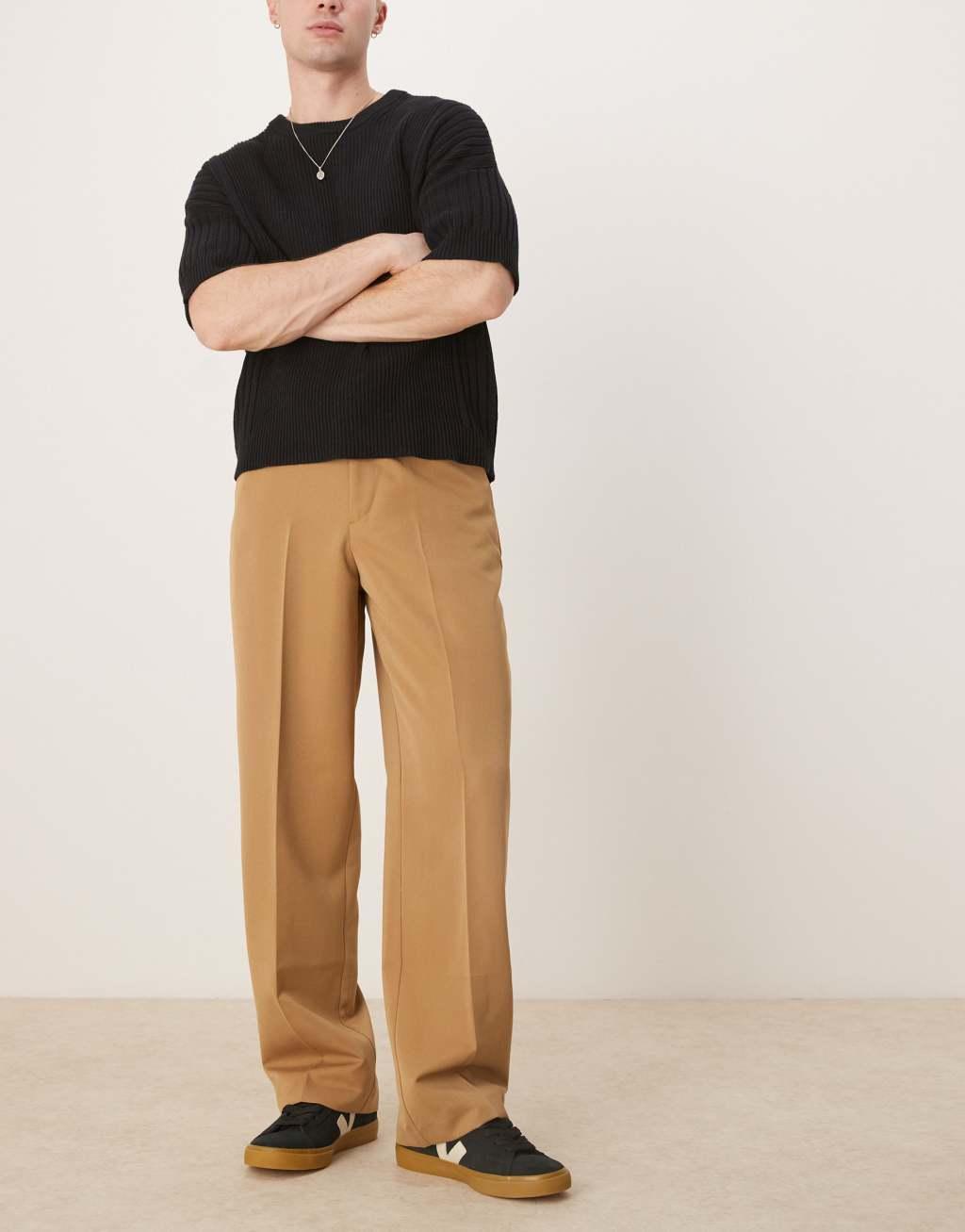 ASOS DESIGN smart wide leg pants with carpenter pocket in camel | ASOS Product Image