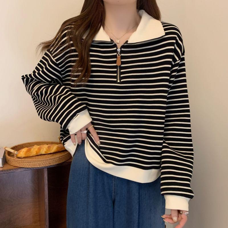 Contrast Collar Striped Half-Zip Pullover Product Image