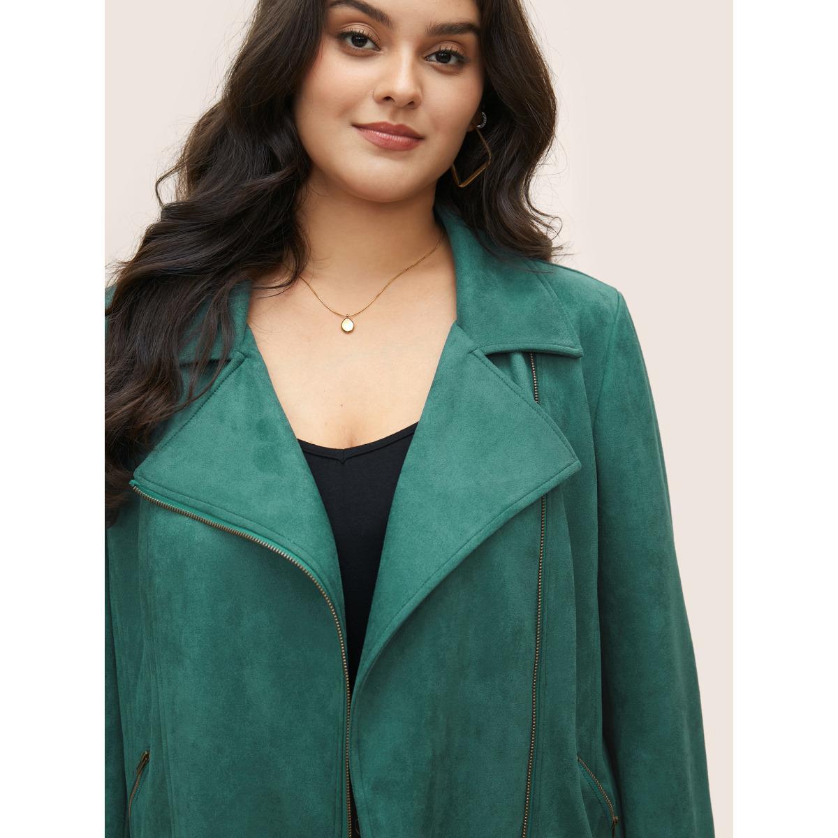 Plus Size Solid Faux Suede Zipper Lapel Collar Jacket Women Emerald Non Zippered pocket Everyday Jackets BloomChic 14-16/1X Product Image
