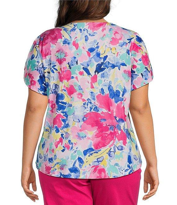 Allison Daley Plus Size Embellished Floral Print Short Tulip Sleeve V-Neck Knit Top Product Image